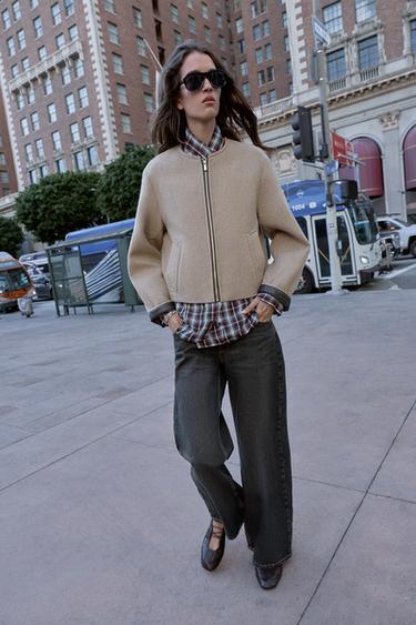 BOMBER JACKET WITH LEATHER EFFECT TRIMS - Sand by Zara