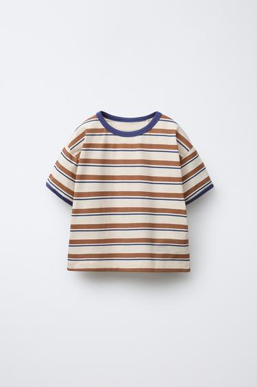 STRIPED T-SHIRT WITH TRIM - Ecru / Green by Zara