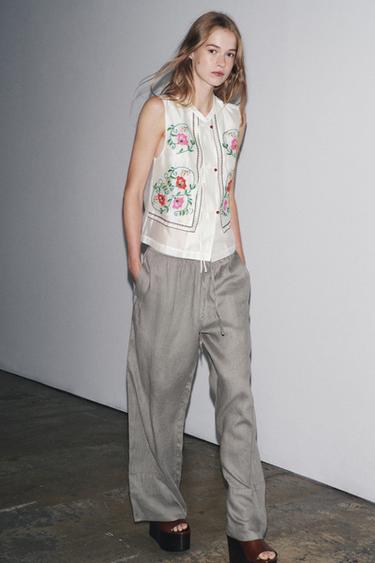 TOP WITH EMBROIDERED FLOWERS - Ecru by Zara - Image 0