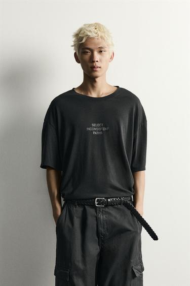RELAXED FIT WASHED TEXT T-SHIRT - Black by Zara