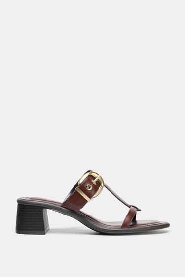 LEATHER BLOCK HEEL SANDALS - Brown by Zara