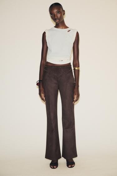 STADDED FAUX SUEDE FLARE TROUSERS - Chocolate by Zara - Image 0