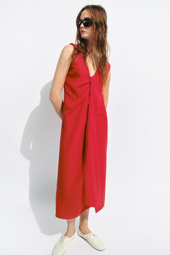 ZW COLLECTION GATHERED MIDI DRESS - Red by Zara - Image 0