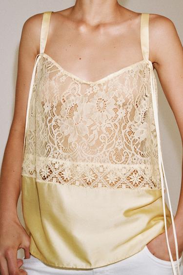 ZW COLLECTION SATIN LACE TOP - Light yellow by Zara