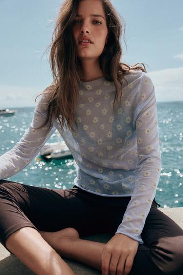 SEMI-SHEER FLORAL KNIT TOP - Pastel blue by Zara