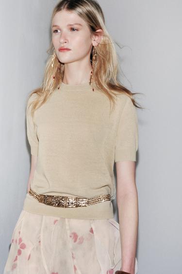 SHORT SLEEVE KNIT LINEN BLEND TOP - Ice by Zara