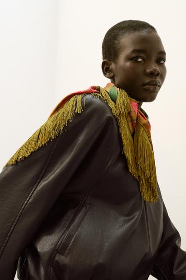 SATIN PRINT SCARF WITH FRINGE - Olive green by Zara