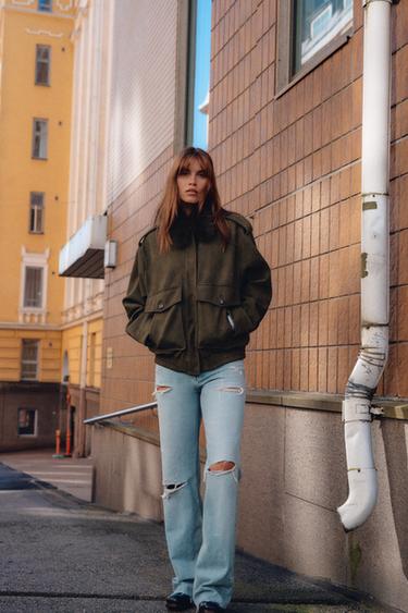 TRF RIPPED MID-WAIST WIDE-LEG JEANS - Light blue by Zara