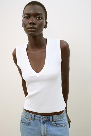 COTTON V-NECK T-SHIRT - White by Zara