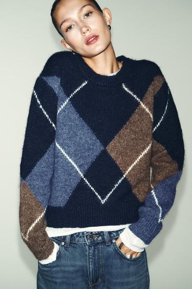 ARGYLE KNIT JUMPER - Navy blue by Zara