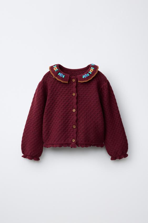 COTTON BLEND EMBROIDERED CARDIGAN - Dark burgundy by Zara - Image 0