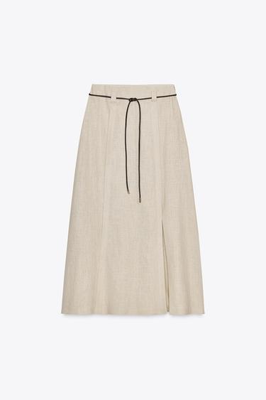 LINEN BLEND MIDI SKIRT WITH BELT - Sand by Zara
