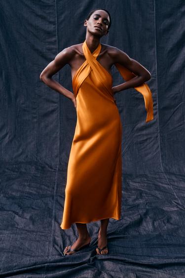 SATIN HALTER MIDI DRESS - Orange by Zara