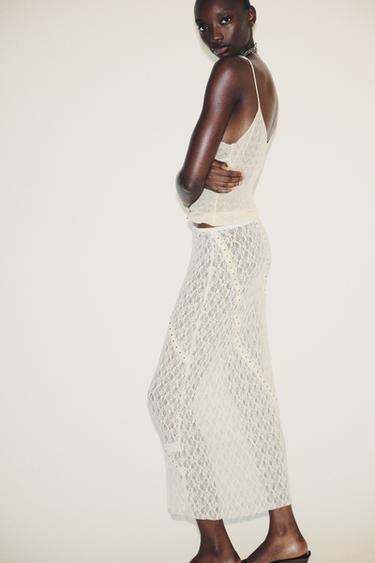 STUDDED LACE MIDI SKIRT - Ecru by Zara