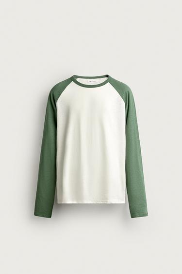 COTTON - LINEN COLOUR BLOCK T-SHIRT - Ecru / Green by Zara