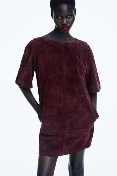 100% LEATHER SUEDE SHORT DRESS - Burgundy by Zara
