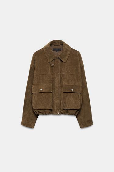 100% LEATHER BOMBER JACKET - Khaki by Zara