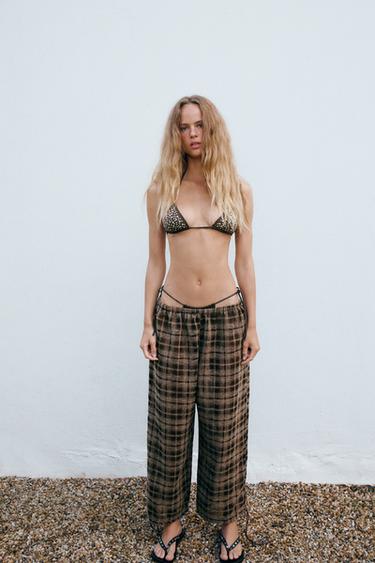 CHECKED ADJUSTABLE HEM SAROUEL TROUSERS - Brown / Ecru by Zara