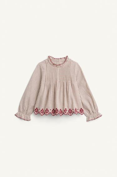 GINGHAM BLOUSE WITH EMBROIDERY - LIMITED EDITION - bordeaux/ecru by Zara