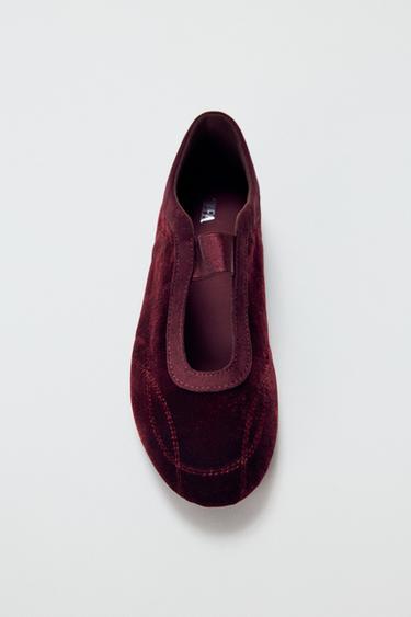 VELVET-EFFECT TOPSTITCHED BALLET FLATS - Burgundy Red by Zara
