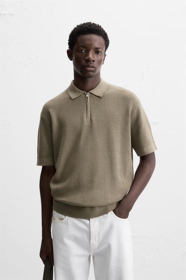 PEARL KNIT POLO SHIRT WITH ZIP - Light khaki by Zara