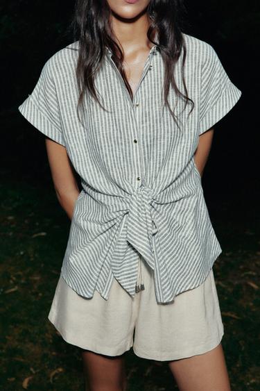 STRIPED KNOT LINEN-BLEND SHIRT - Green / Ecru by Zara