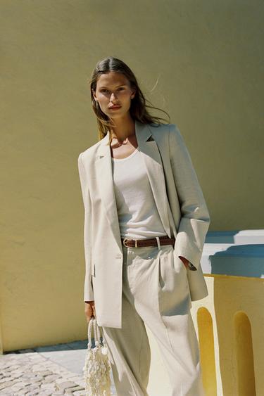 LINEN BLEND BLAZER WITH PRINTED CUFFS - Light beige by Zara
