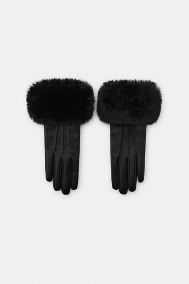 FAUX LEATHER AND FAUX FUR GLOVES - Black by Zara