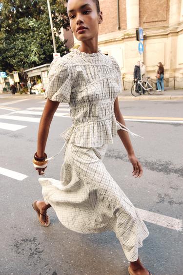 CHECK EMBROIDERED TOP WITH BOWS - Black / White by Zara