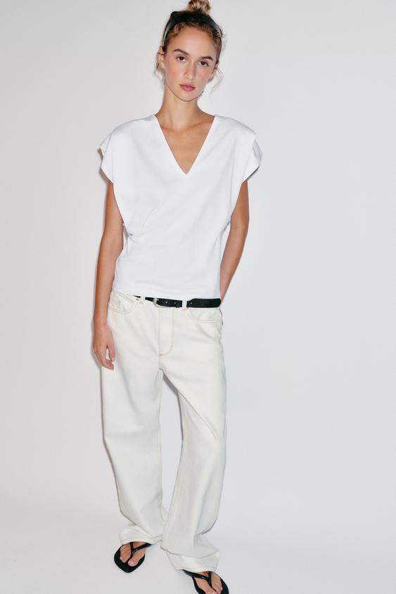 COTTON V-NECK T-SHIRT - White by Zara - Image 0