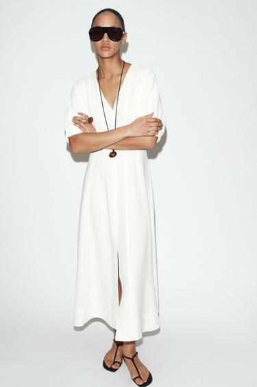 MIDI DRESS WITH PUFF SLEEVES - Oyster-white by Zara