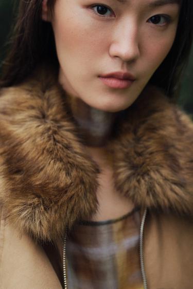 FAUX FUR COLLAR BOMBER JACKET ZW COLLECTION - Dark camel by Zara