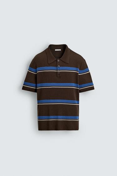 STRIPED JACQUARD KNIT POLO SHIRT - Brown by Zara