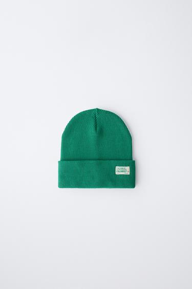 RIBBED KNIT BEANIE WITH LABEL - Green by Zara