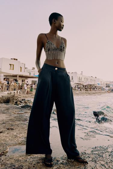 PALAZZO TROUSERS WITH GOLD BUTTON - Navy blue by Zara