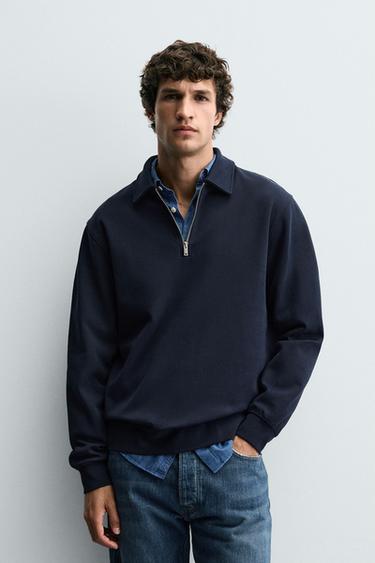 INTERLOCK QUARTER ZIP POLO SHIRT - Navy blue by Zara
