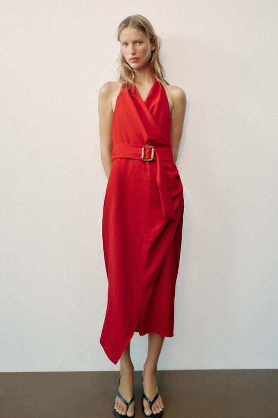 BELTED WRAP MIDI DRESS - Red by Zara - Image 0
