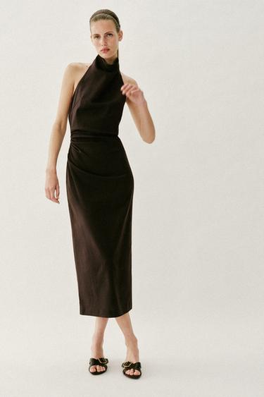 MIDI HALTER LINEN BLEND DRESS - Dark brown by Zara - Image 0