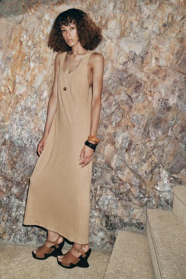 LINEN BLEND MIDI DRESS - camel by Zara