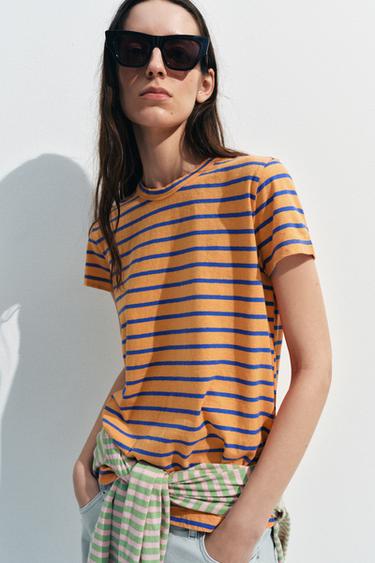 STRIPED COTTON AND LINEN T-SHIRT - Orange by Zara