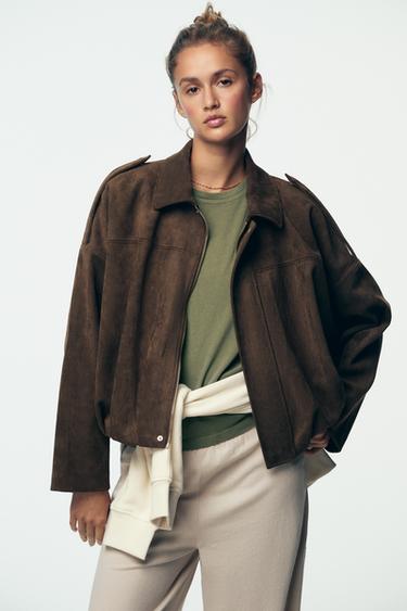 SUEDE EFFECT BOMBER JACKET - Dark brown by Zara - Image 0