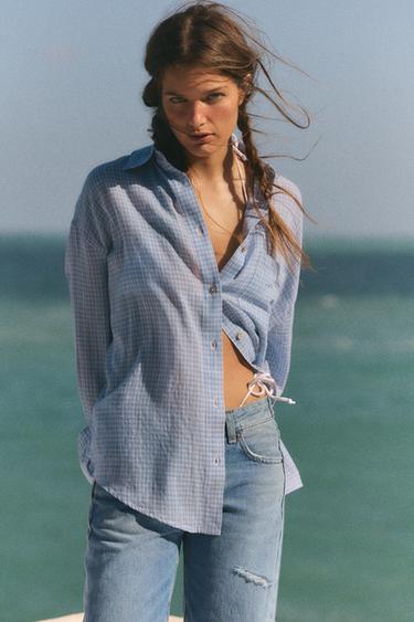 OVERSIZE GAUZE SHIRT WITH POCKET - Ecru / Blue by Zara