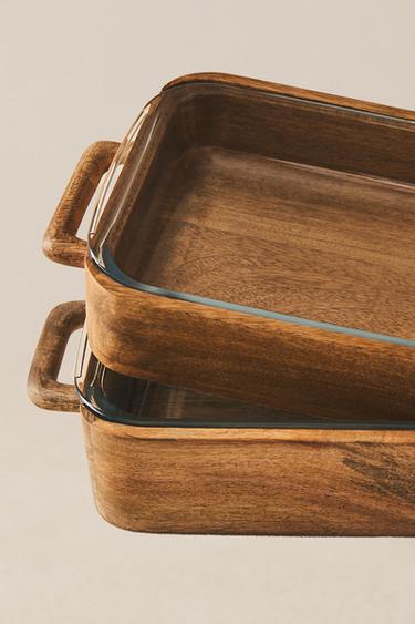 GLASS AND MANGO WOOD OVEN SERVING DISH - Light beige by Zara