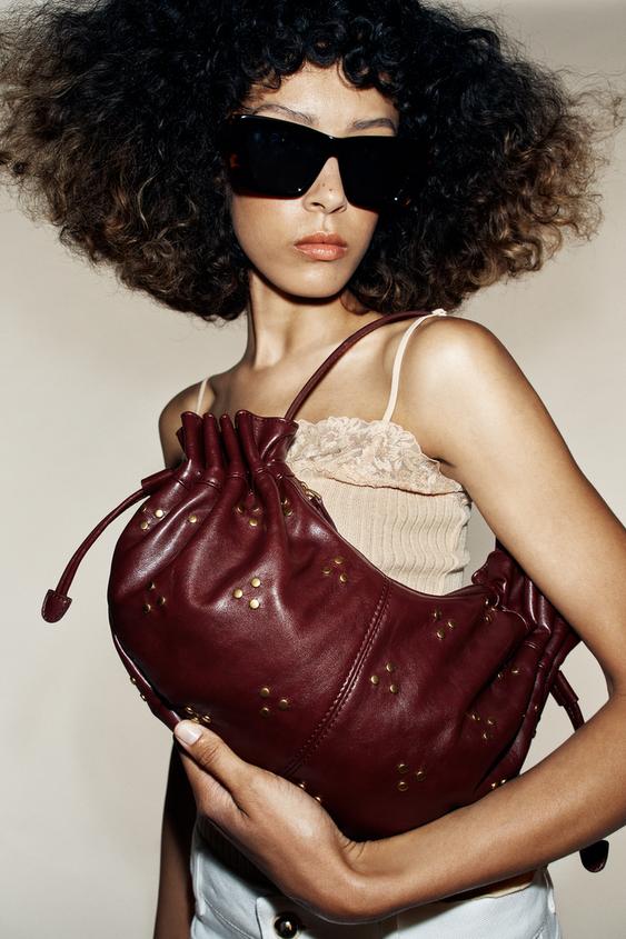 STUDDED GATHERED SHOULDER BAG - Burgundy Red by Zara - Image 0