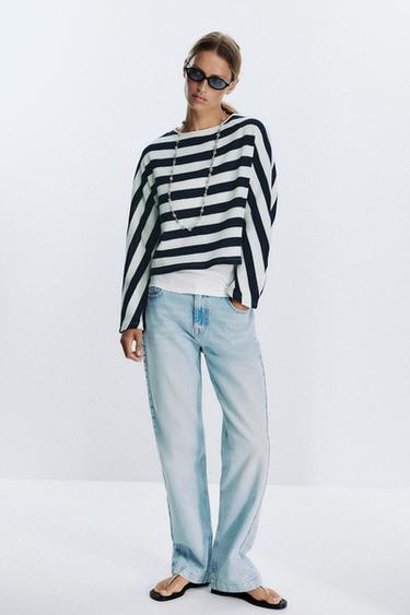 STRIPED BATWING SLEEVE JUMPER - Navy / White by Zara