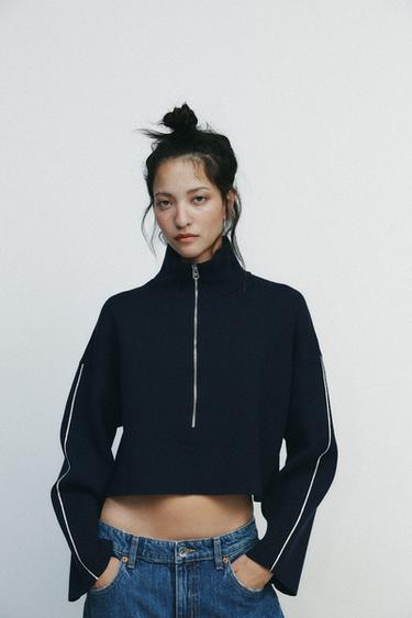 SHORT SWEATSHIRT WITH PIPING - Navy blue by Zara