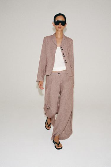 ZW COLLECTION LINEN BLEND TROUSERS WITH SIDE SLITS - Burgundy by Zara