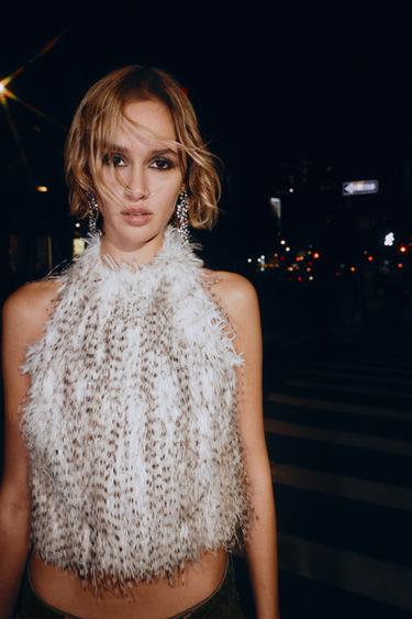 FAUX FUR HALTER TOP - Ecru / Marl by Zara