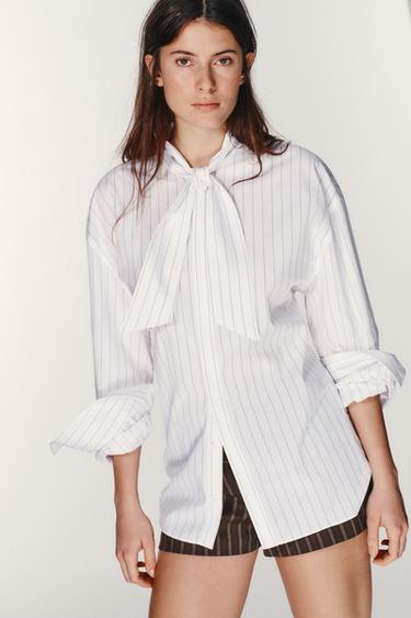 STRIPED POPLIN SHIRT WITH POCKET SQUARE - brown/white by Zara