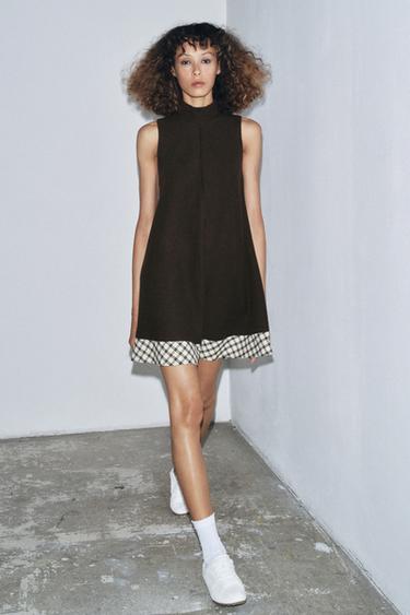 CHECK COMBINED MINI DRESS - Brown by Zara